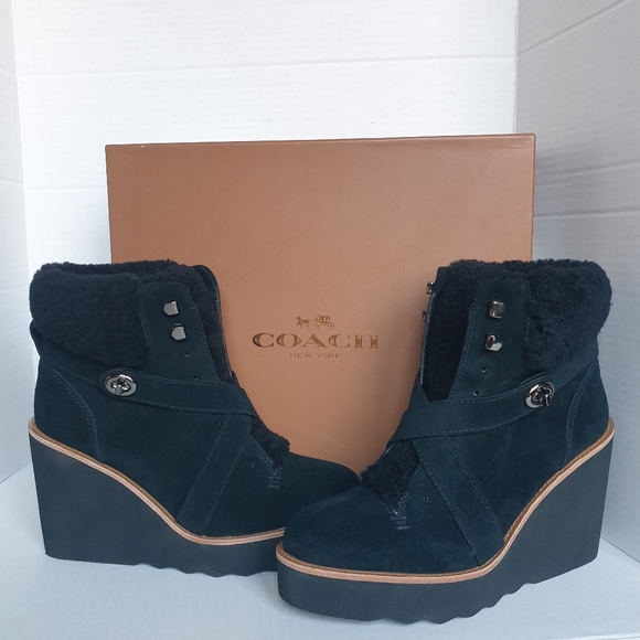 Coach Kenna Black Suede & Real Sheep Fur Wedge Ankle Winter Booties Sz 7.5 - Picture 16 of 16